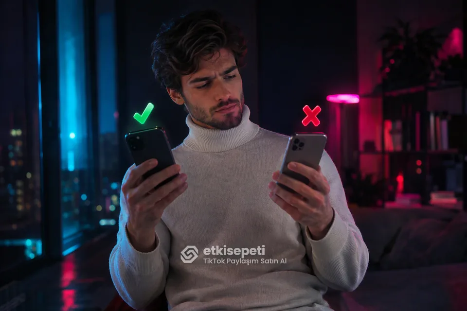 İki seçeneği karşılaştırarak TikTok Paylaşım için site seçen bir kullanıcı