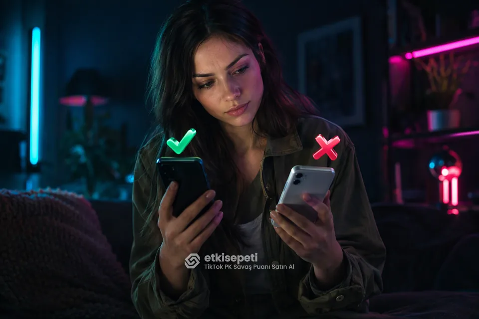 İki seçeneği karşılaştırarak TikTok PK Savaş Puanı için site seçen bir kullanıcı