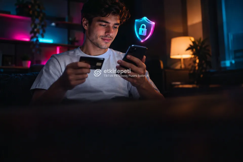 Kart ve telefonla güvenli ödeme yapan bir kullanıcı