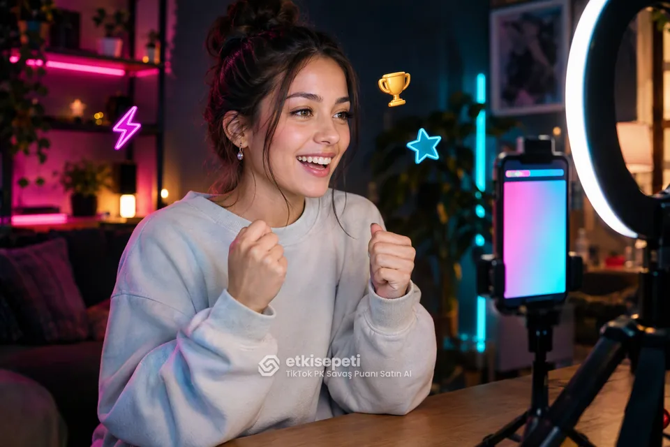 TikTok canlı yayınında PK savaşı sırasında telefonundaki bölünmüş ekrana bakan yayıncı