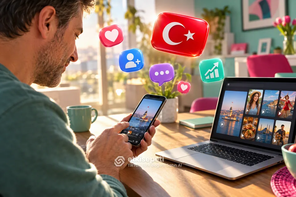 TikTok Türk Beğeni için yerel işletme ve içerik üretici hesaplarını gösteren illüstrasyon