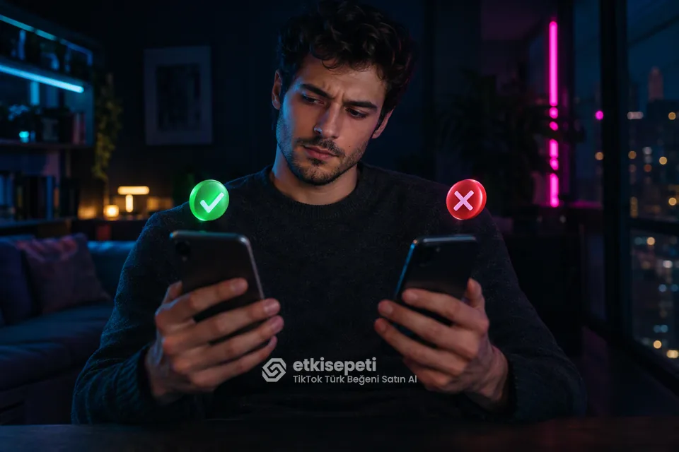 İki seçeneği karşılaştırarak TikTok Türk Beğeni için site seçen bir kullanıcı