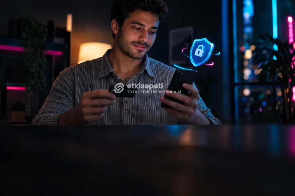 Kart ve telefonla güvenli ödeme yapan bir kullanıcı