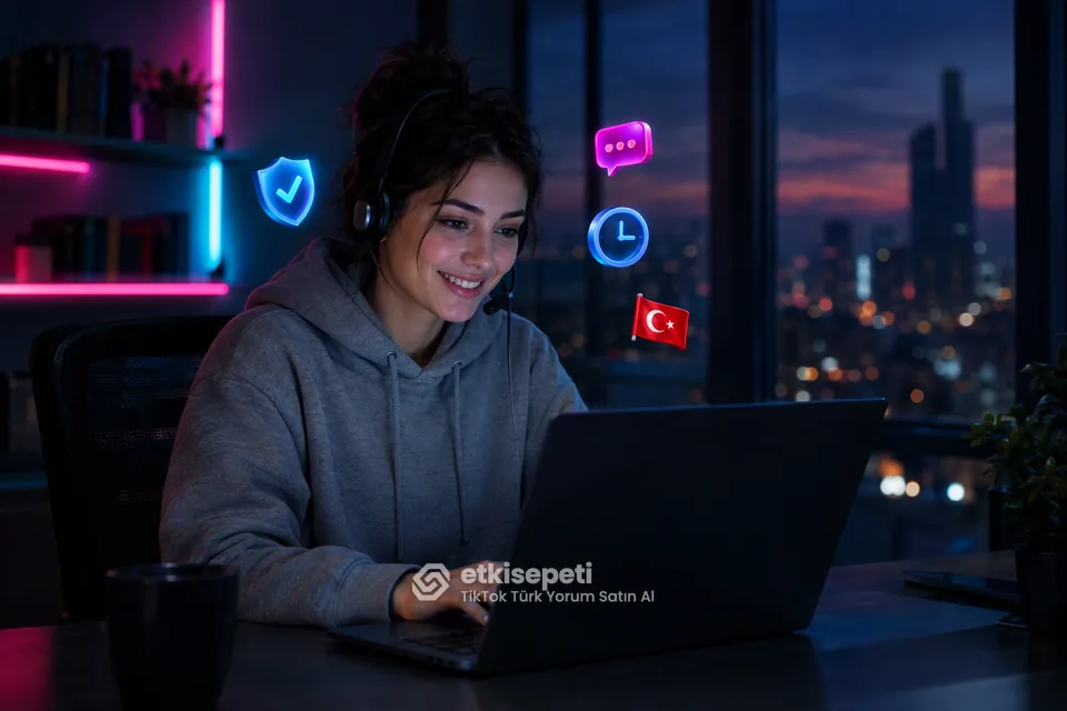 Destek uzmanı TikTok Türk Yorum siparişlerini panelden takip ediyor