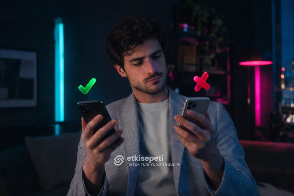 İki seçeneği karşılaştırarak TikTok Türk Yorum için site seçen bir kullanıcı