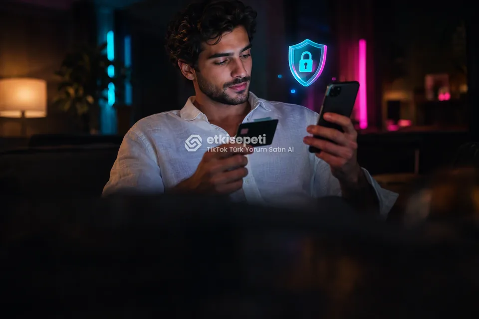 Kart ve telefonla güvenli ödeme yapan bir kullanıcı