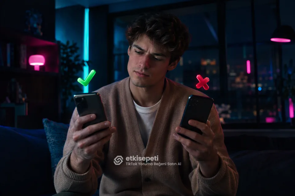 İki seçeneği karşılaştırarak TikTok Yoruma Beğeni için site seçen bir kullanıcı