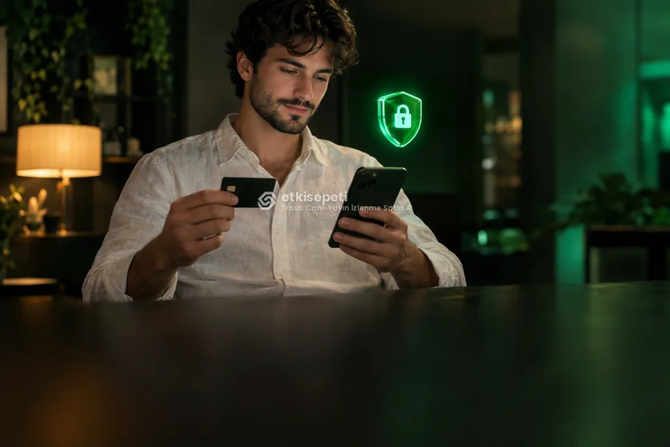 Kart ve telefonla güvenli ödeme yapan bir kullanıcı