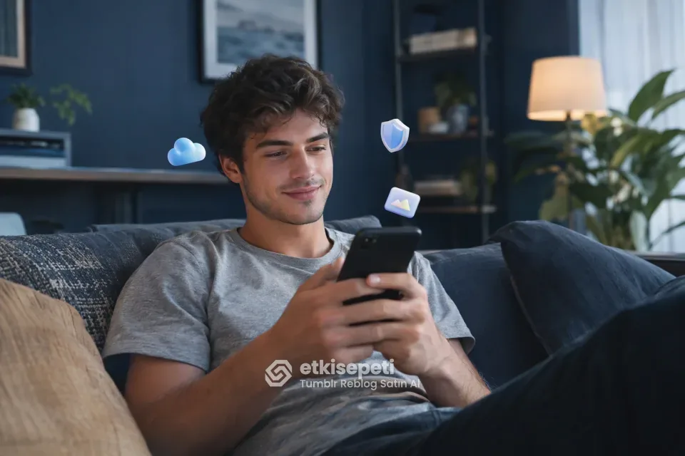 Tumblr reblog siparişi için telefonda gönderi bağlantısını kopyalayan genç adam