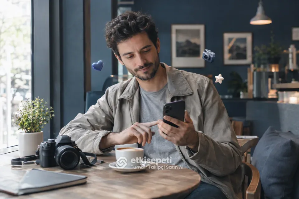 Tumblr takipçi satın al siparişi için telefonunda kendi blogunun adresini kopyalayan bir fotoğrafçı
