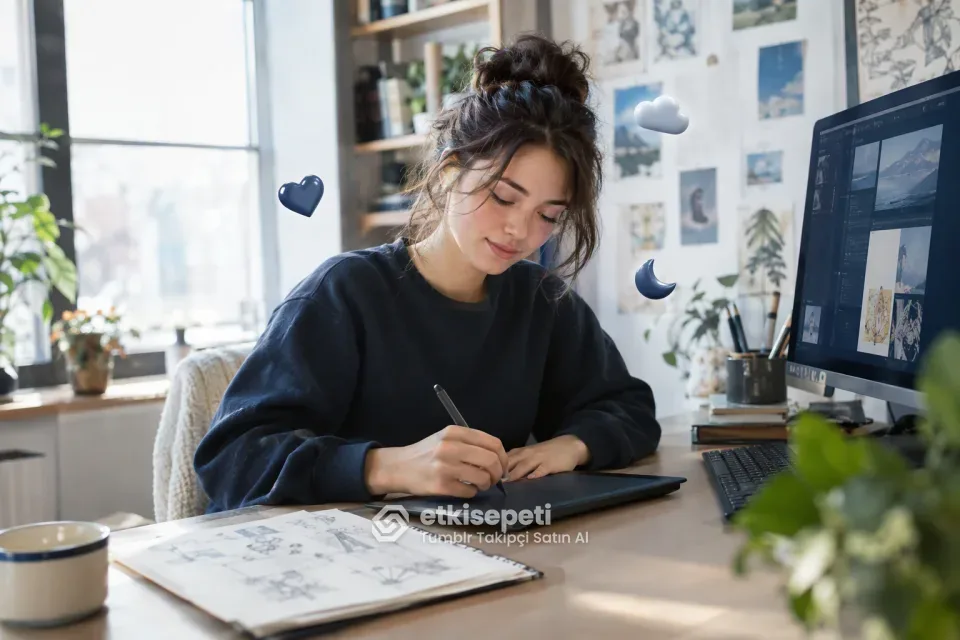 Tumblr takipçi satın al öncesi dizüstü bilgisayarında Tumblr panosundaki fotoğraf ve sanat gönderilerine bakan genç bir illüstratör