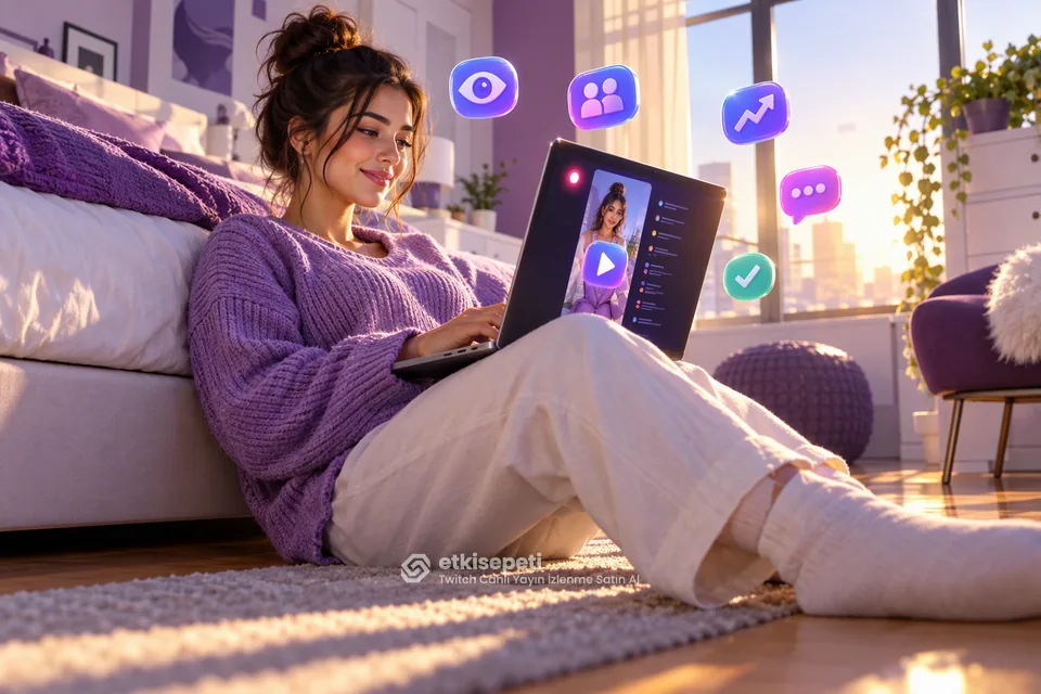 Twitch canlı yayın izlenme satın al için izlenme ve anlık izleyici farkını gösteren sahne