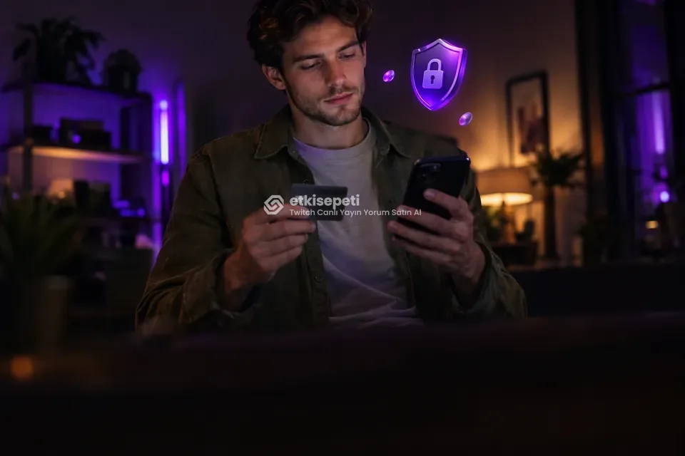 Kart ve telefonla güvenli ödeme yapan bir kullanıcı