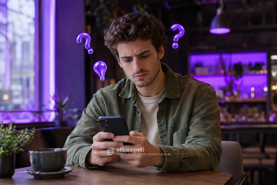 Twitch Canlı Yayın Yorum satın almadan önce sorularını düşünen bir kullanıcı