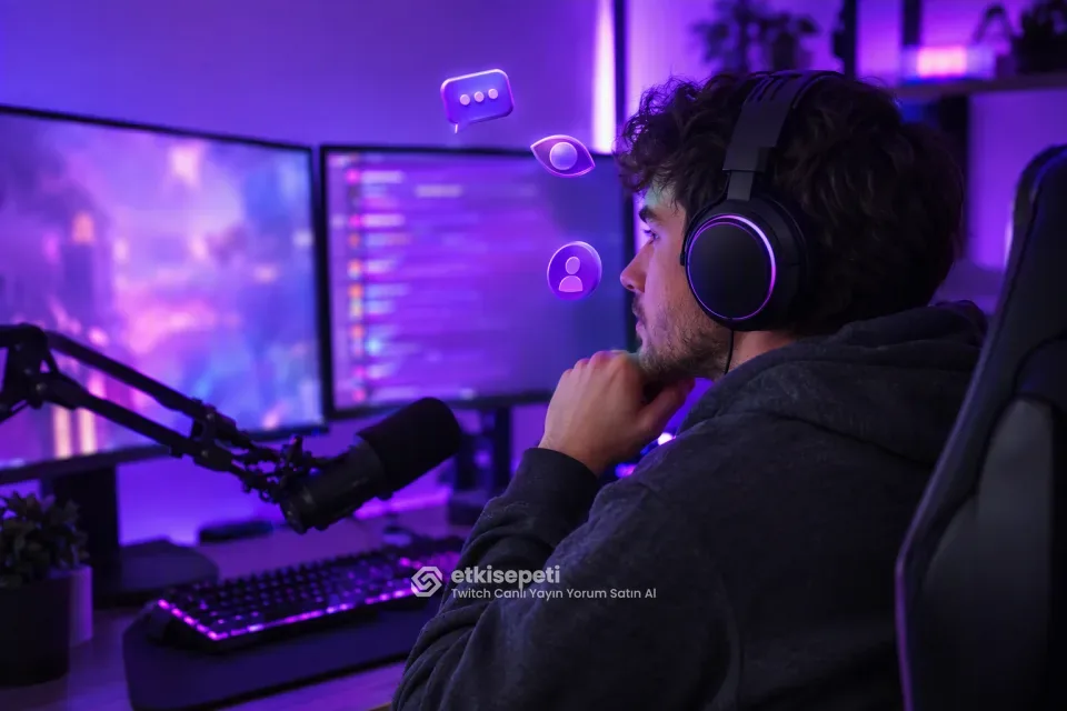 Twitch yayıncısı ekranda akan canlı sohbet mesajlarına bakıyor
