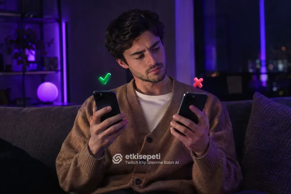 İki seçeneği karşılaştırarak Twitch Klip İzlenme için site seçen bir kullanıcı