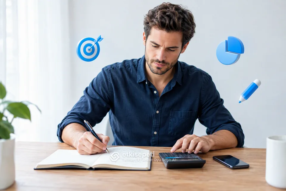 Twitter (X) anket oyu satın al paketini seçmeden önce defterinde hedef yüzde için gereken oy sayısını hesaplayan pazarlama uzmanı