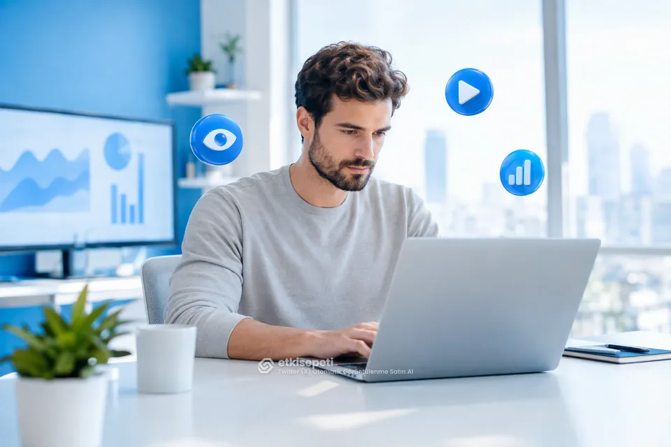 Twitter (X) otomatik görüntülenme satın al hizmetinde tweet görüntülenmesiyle video izlenmesi arasındaki farkı dizüstü bilgisayarında inceleyen bir sosyal medya uzmanı