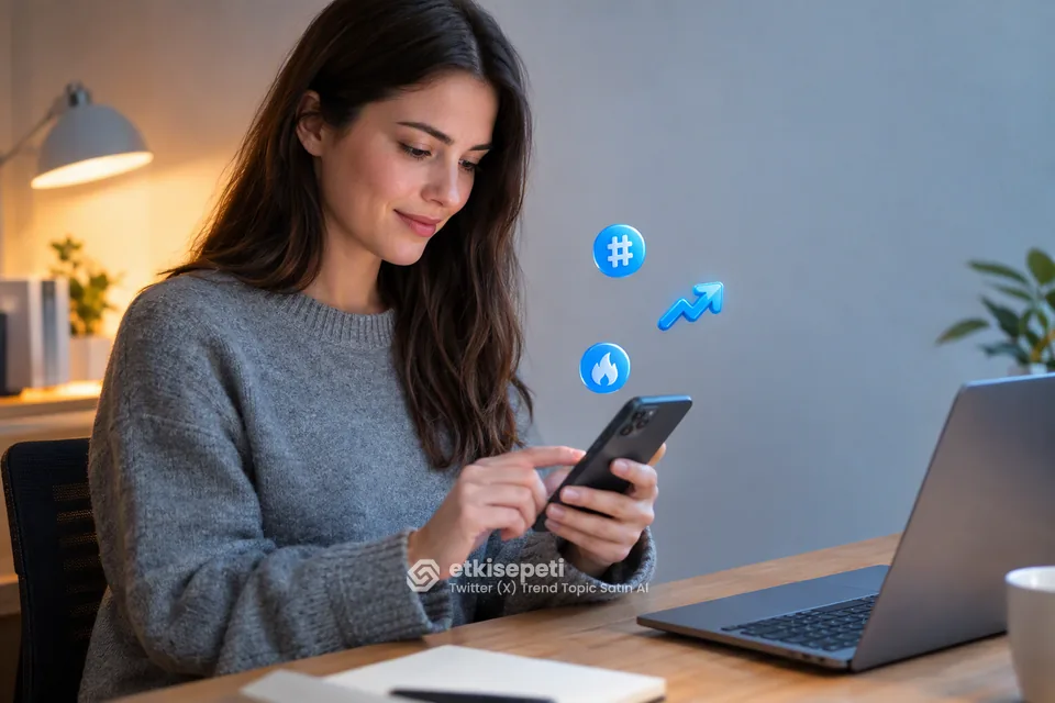 Twitter (X) trend topic satın al öncesi telefonunda X Gündem sekmesindeki başlıklara bakan genç bir pazarlama uzmanı