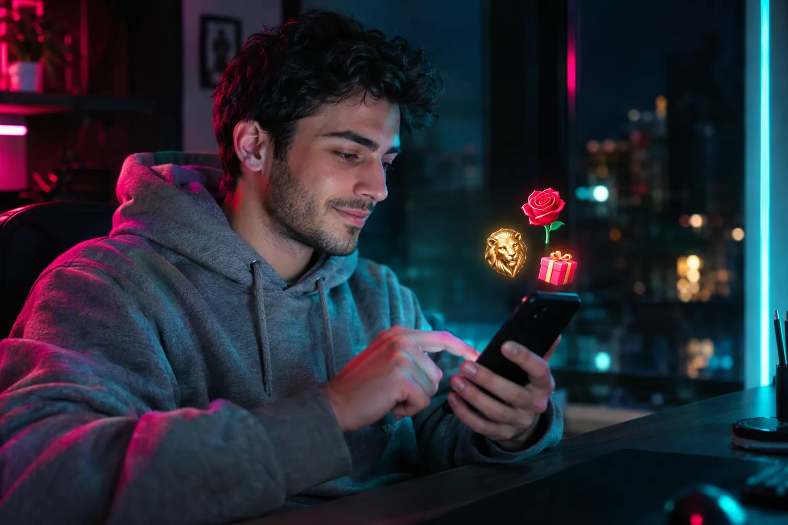 Gece masasında telefonundan canlı yayına hediye göndermek üzere olan genç adam; yanında gül, aslan ve hediye kutusu ikonları