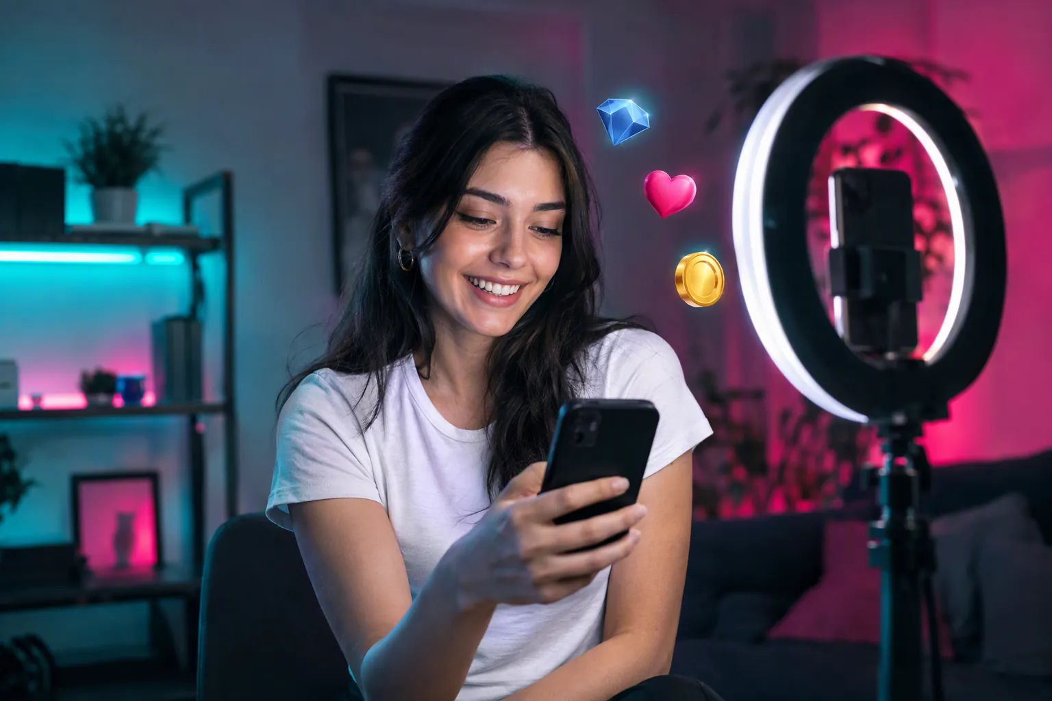 Halka ışığın önünde canlı yayın sonrası telefonuna bakıp gülümseyen içerik üreticisi; yanında elmas, kalp ve jeton ikonları