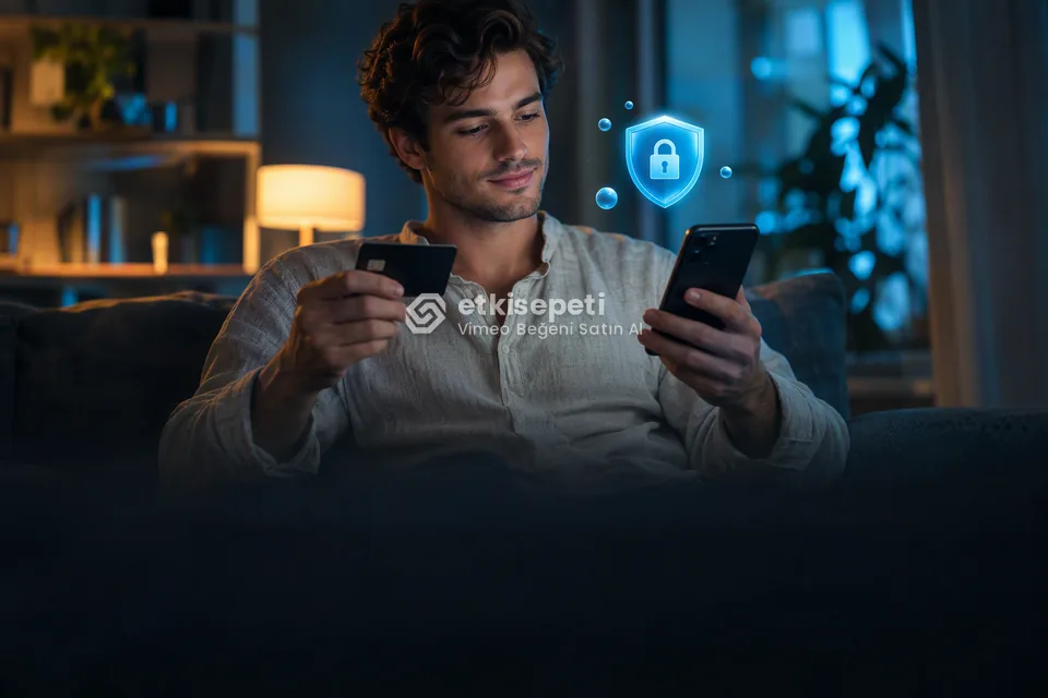 Kart ve telefonla güvenli ödeme yapan bir kullanıcı