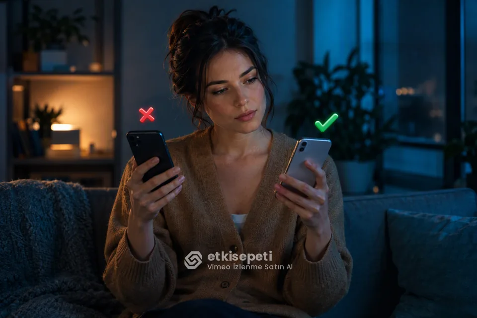 İki seçeneği karşılaştırarak Vimeo İzlenme için site seçen bir kullanıcı