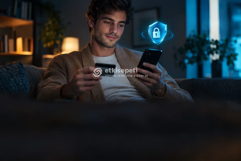 Kart ve telefonla güvenli ödeme yapan bir kullanıcı