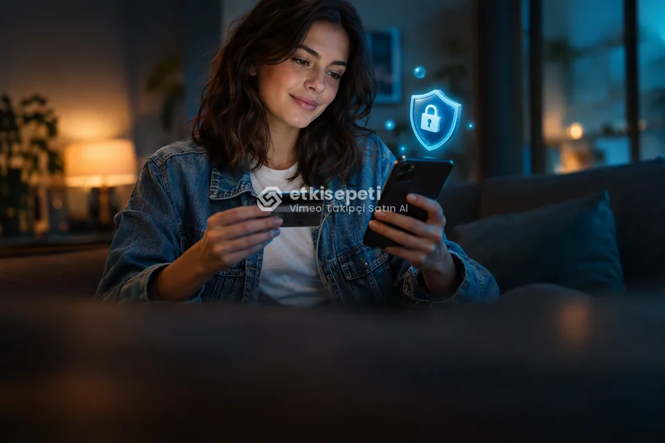 Kart ve telefonla güvenli ödeme yapan bir kullanıcı