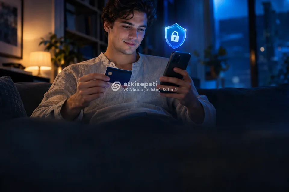 Kart ve telefonla güvenli ödeme yapan bir kullanıcı