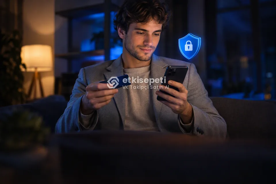 Kart ve telefonla güvenli ödeme yapan bir kullanıcı