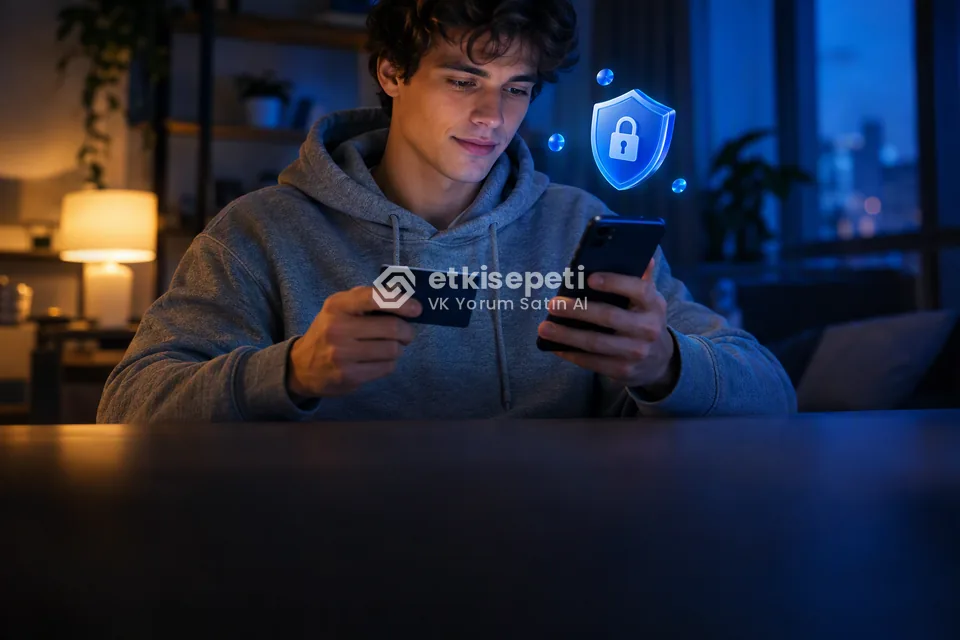 Kart ve telefonla güvenli ödeme yapan bir kullanıcı