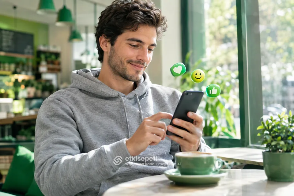 WhatsApp kanal emoji satın al siparişinde emoji tercihini telefonundan seçen bir kullanıcı