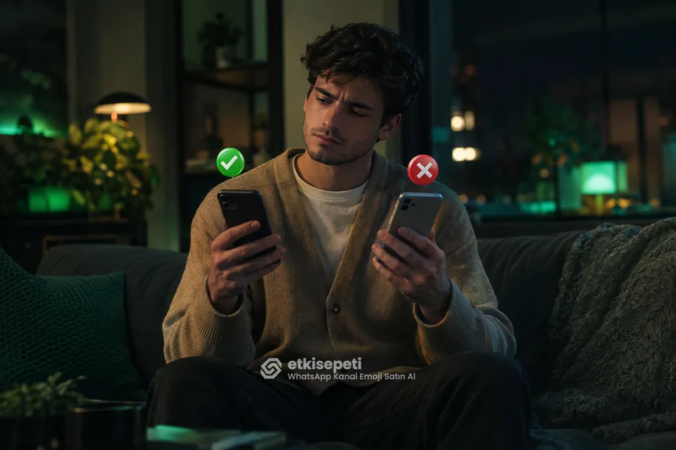 İki seçeneği karşılaştırarak WhatsApp Kanal Emoji için site seçen bir kullanıcı