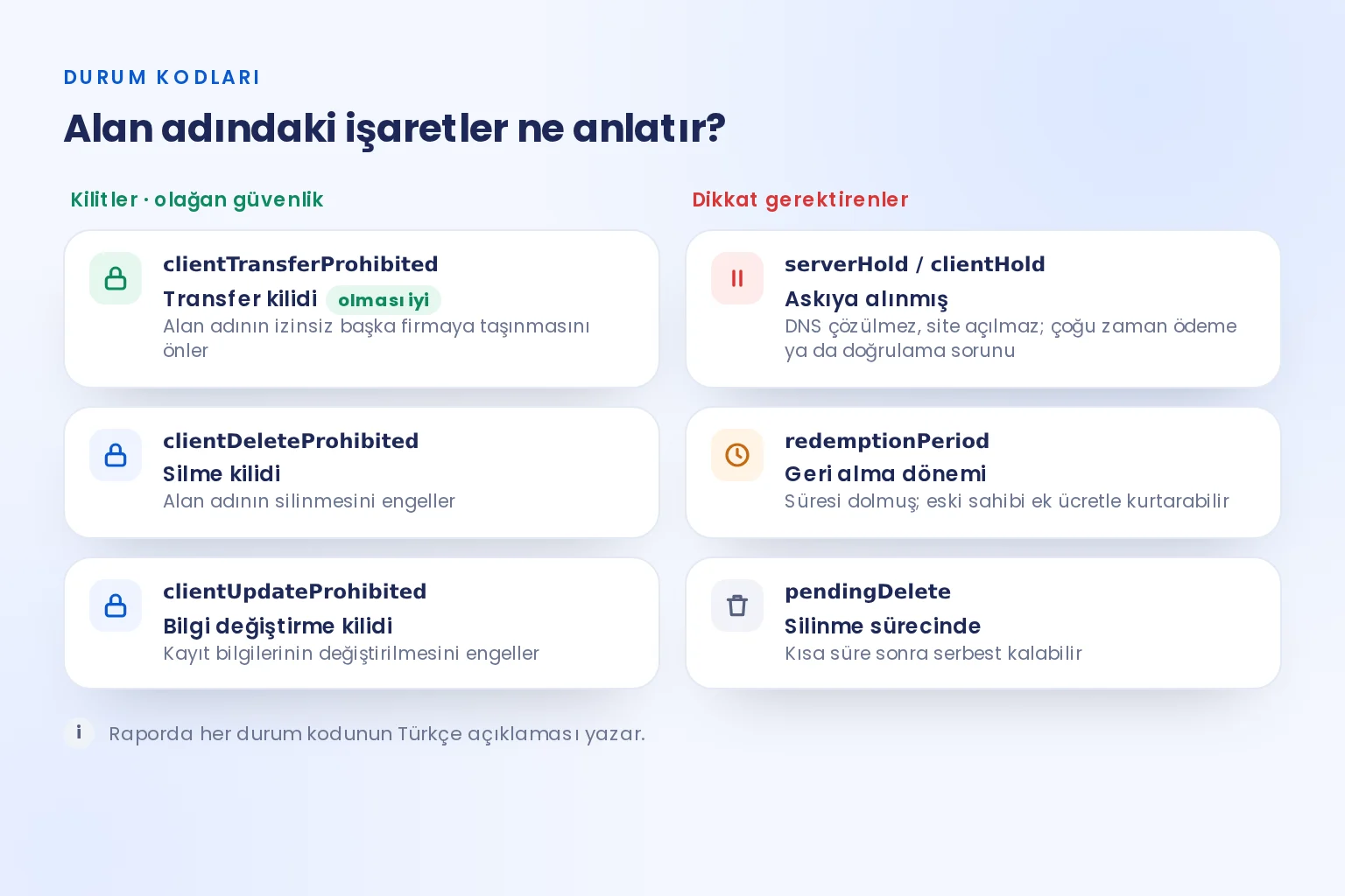 Whois durum kodları: transfer, silme ve güncelleme kilitleri ile serverHold, redemptionPeriod ve pendingDelete açıklamaları