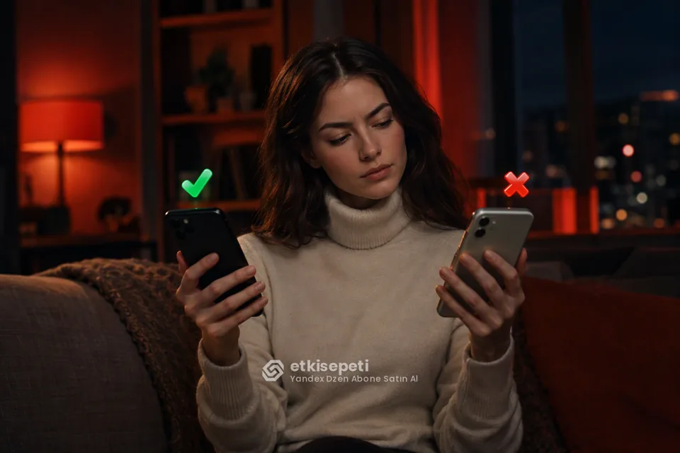 İki seçeneği karşılaştırarak Yandex Dzen Abone için site seçen bir kullanıcı