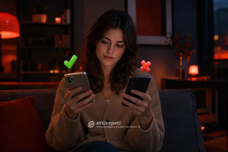 İki seçeneği karşılaştırarak Yandex Müzik Dinlenme için site seçen bir kullanıcı