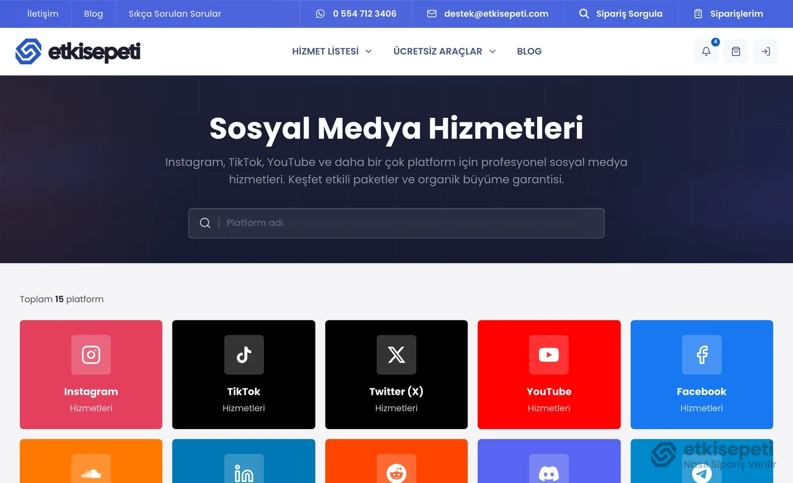 Etkisepeti Sosyal Medya Hizmetleri sayfasında platform listesi