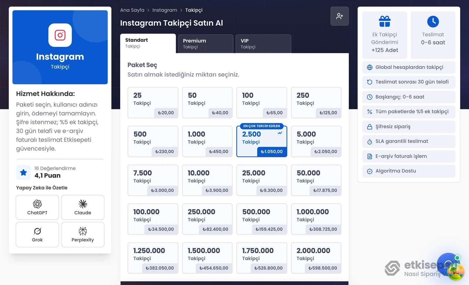 Instagram takipçi hizmet sayfasında Standart, Premium, VIP sekmeleri ve paket seçimi