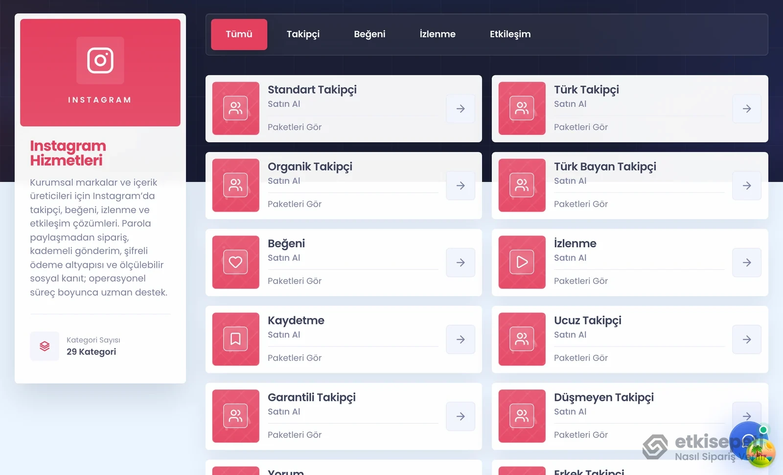 Instagram hizmetleri sayfasında takipçi, beğeni ve izlenme hizmetleri