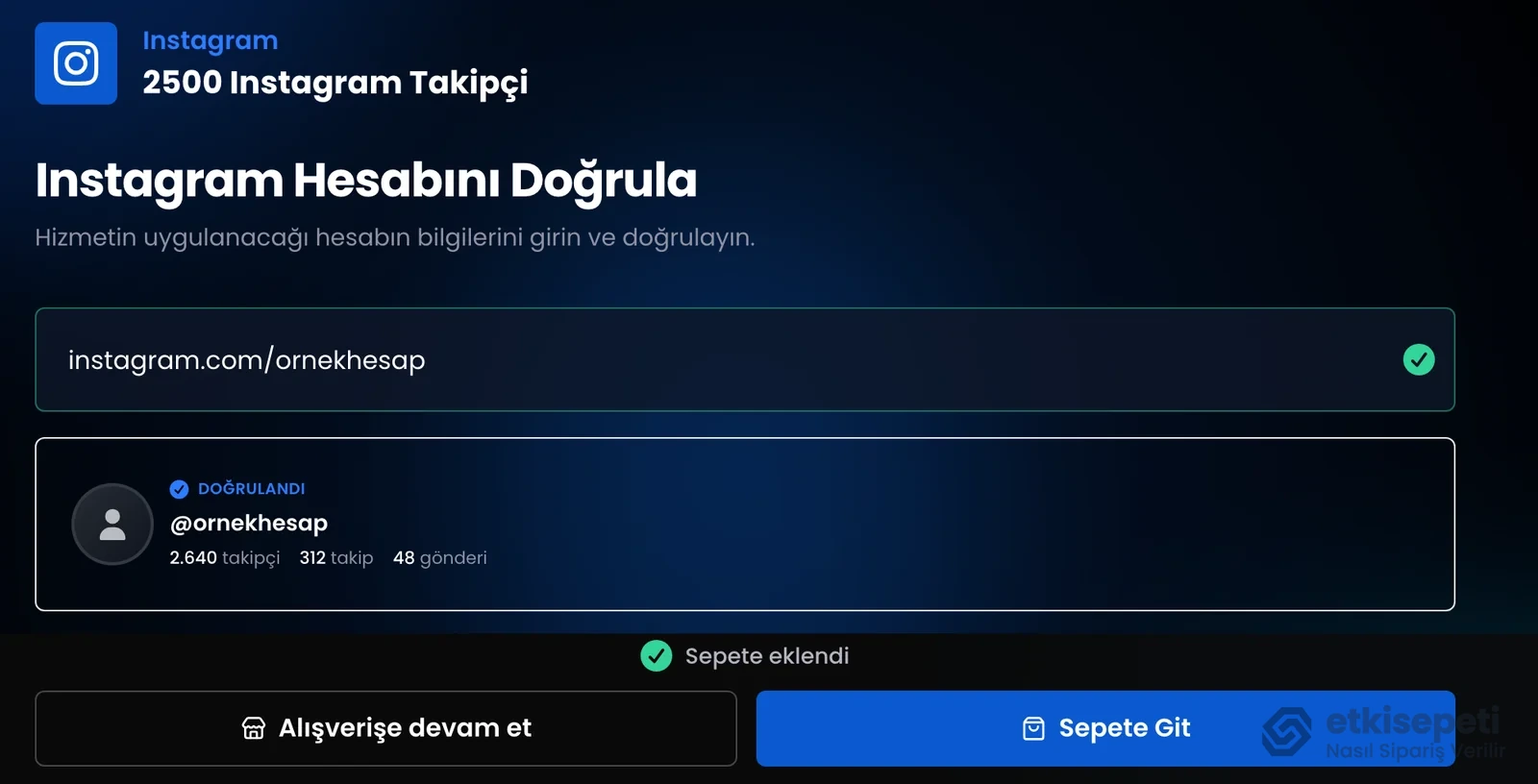 Sepete eklendi bildirimi, Alışverişe devam et ve Sepete Git butonları