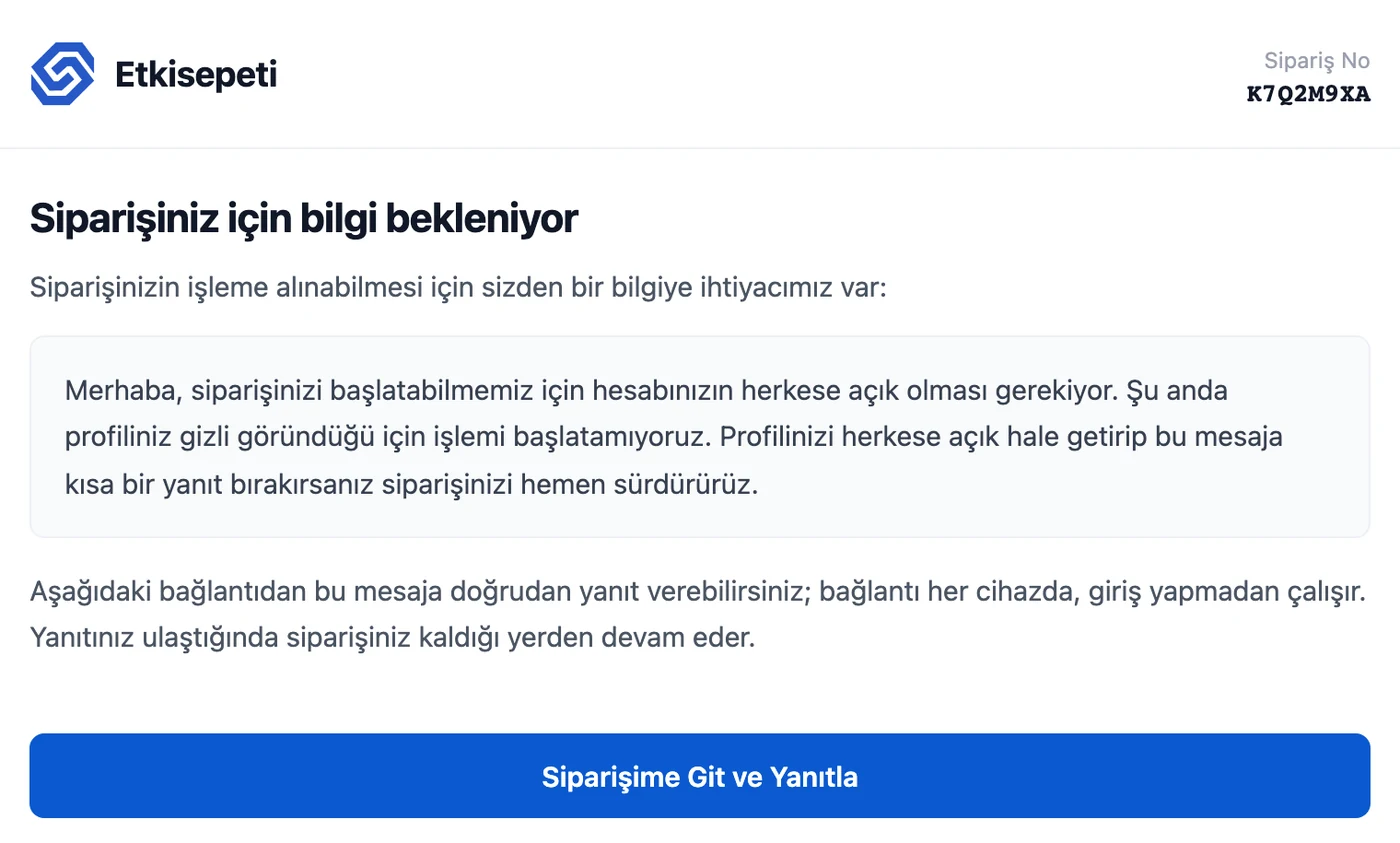 Siparişiniz için bilgi bekleniyor e-postası: ekibin mesajı ve Siparişime Git ve Yanıtla butonu