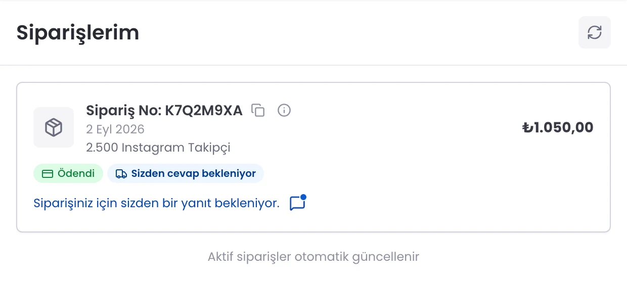 Siparişlerim sayfasında Sizden cevap bekleniyor etiketli sipariş kartı