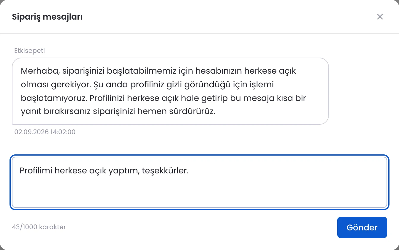 Siparişlerim sayfasındaki Sipariş mesajları penceresi: ekibin mesajı, yanıt kutusu ve Gönder butonu