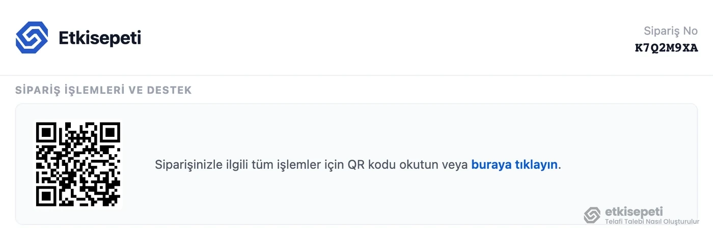 Etkisepeti sipariş onay e-postasındaki sipariş numarası ve sipariş sayfasını açan QR kod