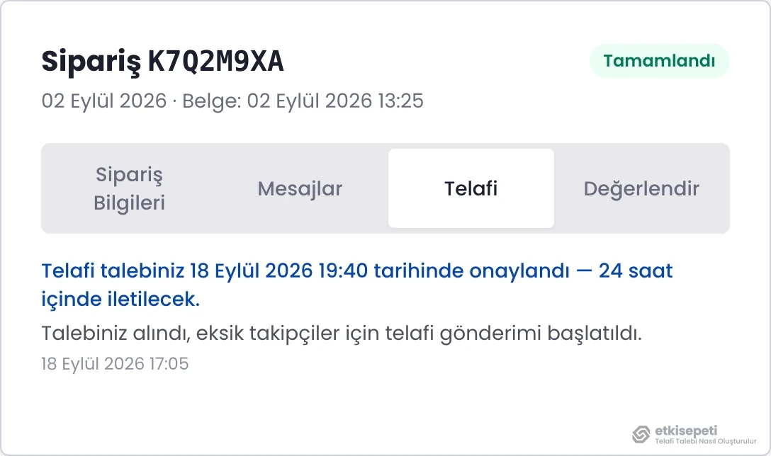 Onaylanmış telafi talebi: 24 saat içinde iletilecek bilgisi ve ekip mesajı