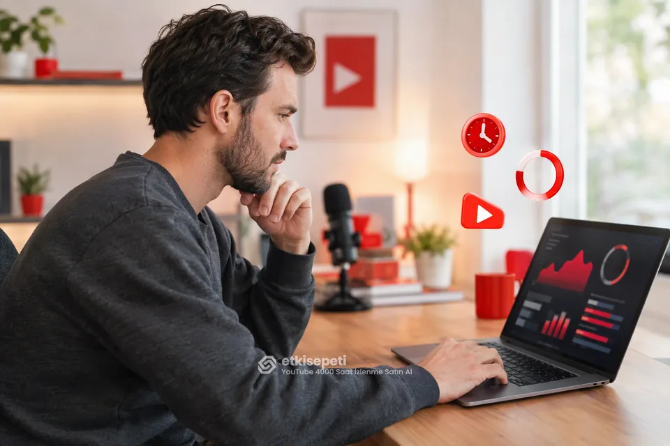 YouTube 4000 saat izlenme satın al öncesinde YouTube Studio para kazanma sekmesindeki izlenme saati ve abone şartlarını dizüstü bilgisayarında inceleyen içerik üreticisi