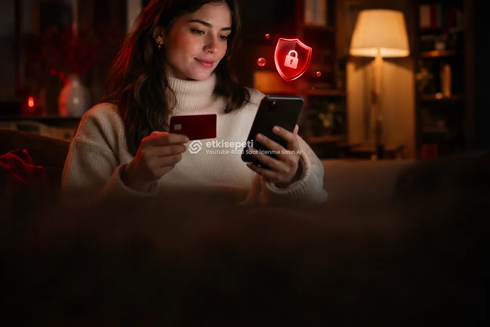 Kart ve telefonla güvenli ödeme yapan bir kullanıcı