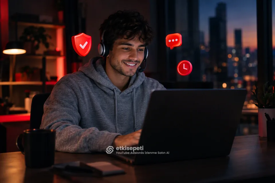 Destek uzmanı YouTube Adwords İzlenme siparişlerini panelden takip ediyor
