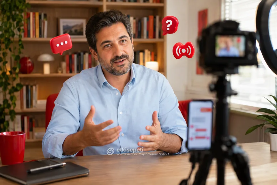 YouTube canlı yayın yorum satın al kullanan eğitmenin kamera karşısında soru-cevap yayını yapması